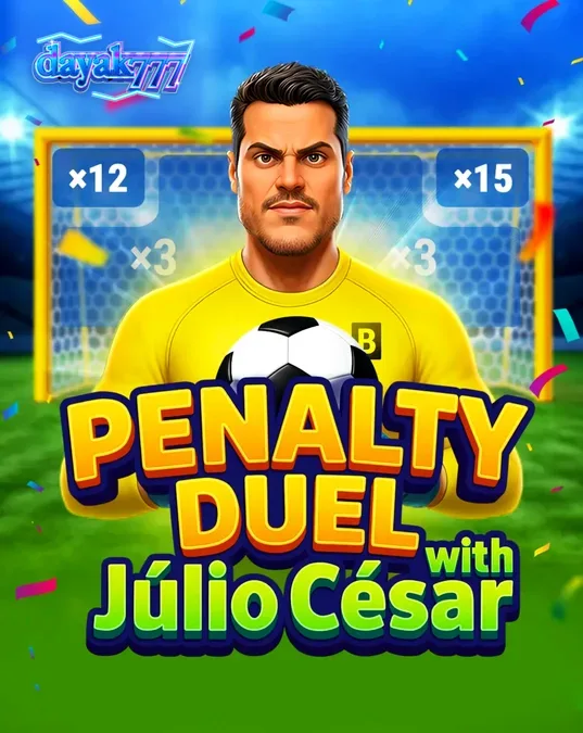 Tampilan antarmuka permainan Penalty Duel dengan Júlio César di lapangan hijau